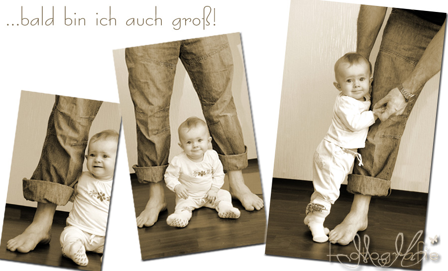 Neben Papas Beinen sieht das kleine Mädchen noch ganz winzig aus