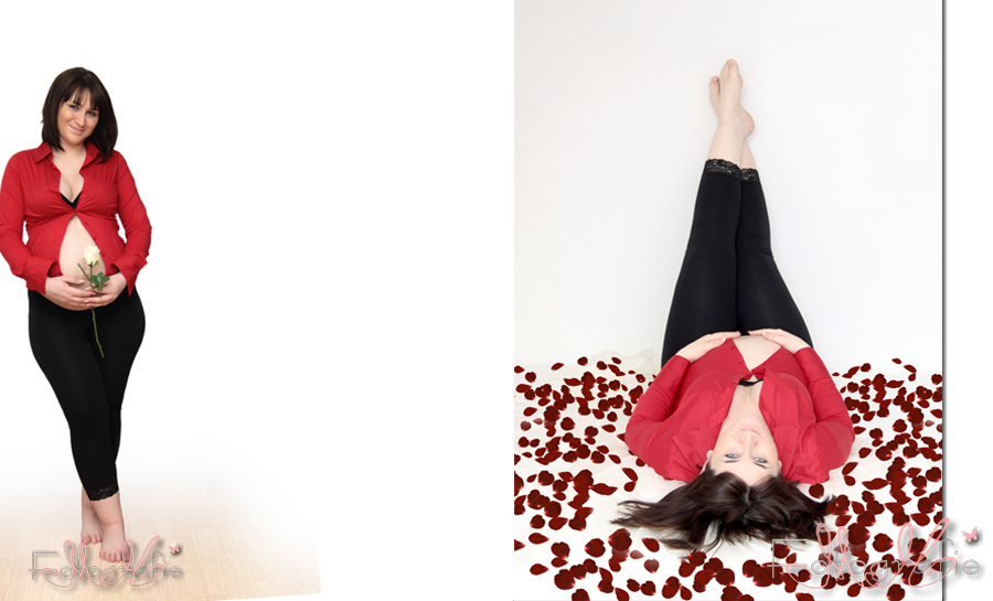 Schwangerschaftsfotos mit roter Bluse und weißer Rose