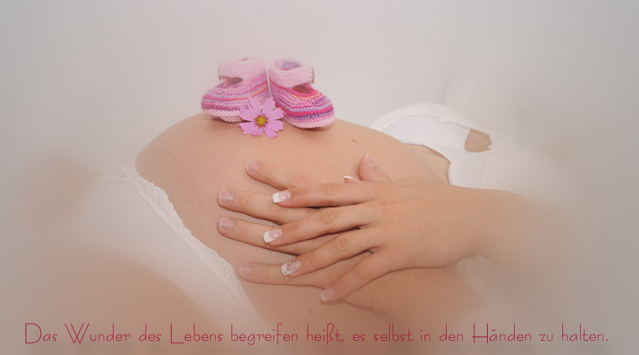 Die Schuhe auf dem schwangeren Bauch, eine Blüte dazu und die Hände von Mama und Papa