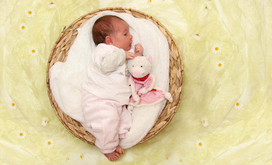 14 Tage altes kleines Baby liegt in einem runden Korb
