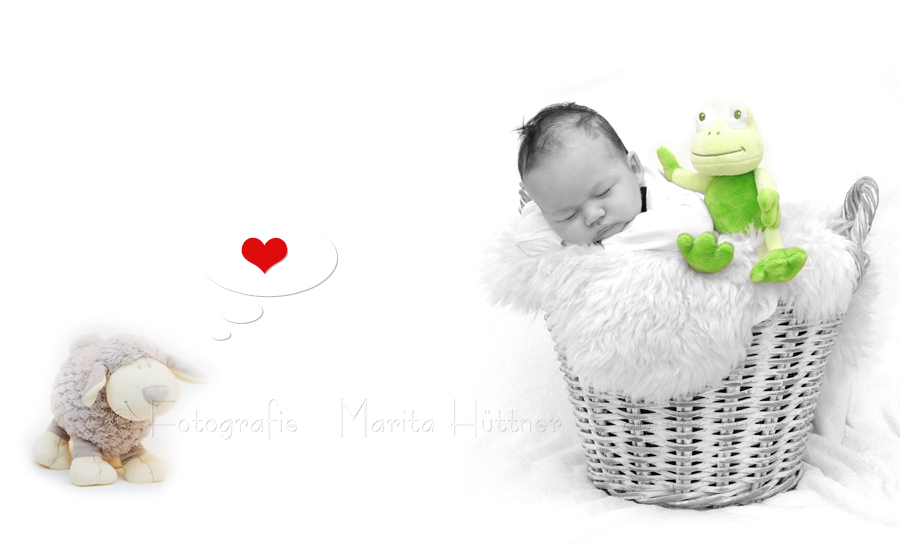 Schwarzweißfoto eines Babys in einem Körbchen