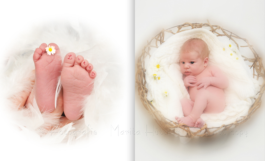 Bild von Babyfüßchen, Baby in einem Korb